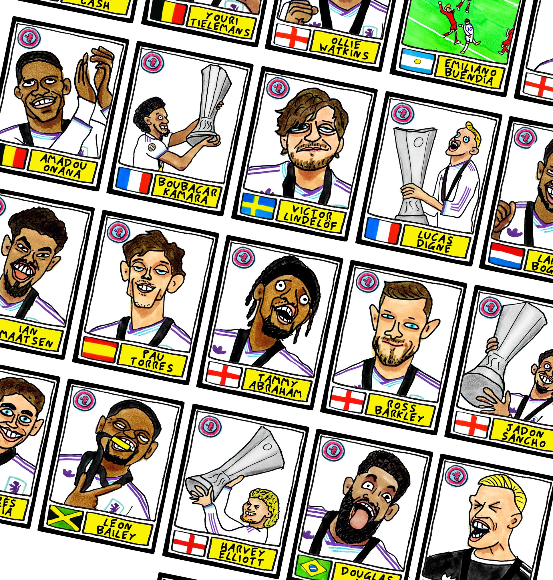 Aston Villa Europa League CHAMPIONS - No Score Draws Istanbul '26 Edition - A3 print of 26 hand-drawn wonky Panini-doodles of AVFC 25/26