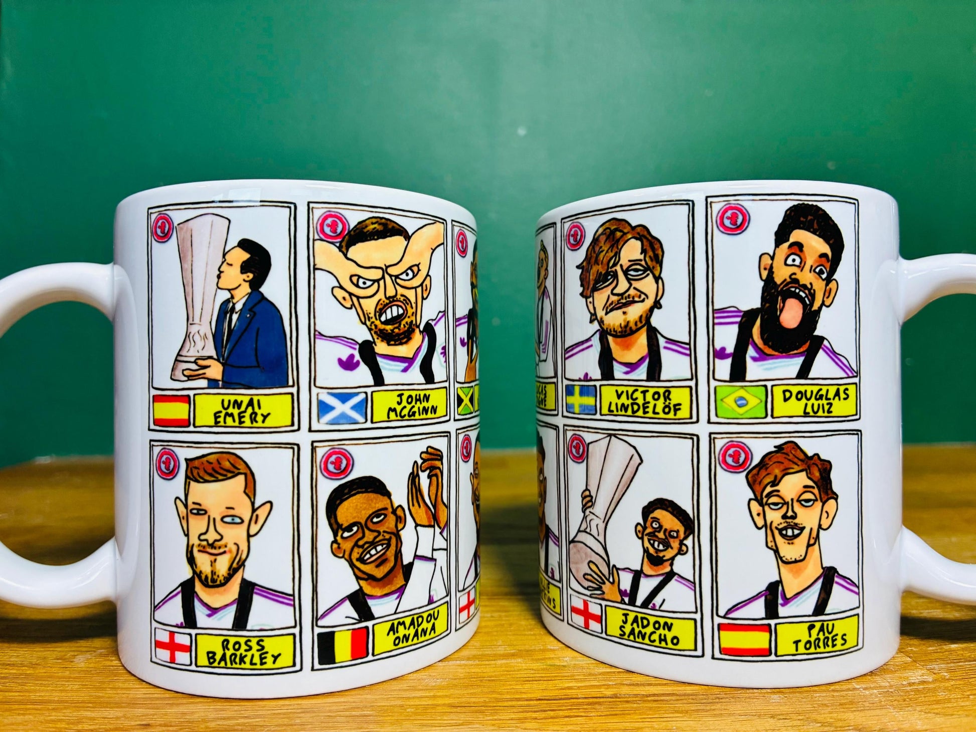Aston Villa Europa League CHAMPIONS No Score Draws Mug Set - Set of 2 DIFFERENT 11oz Mugs with Wonky Panini-doodles of AVFC's 25/26 Squad