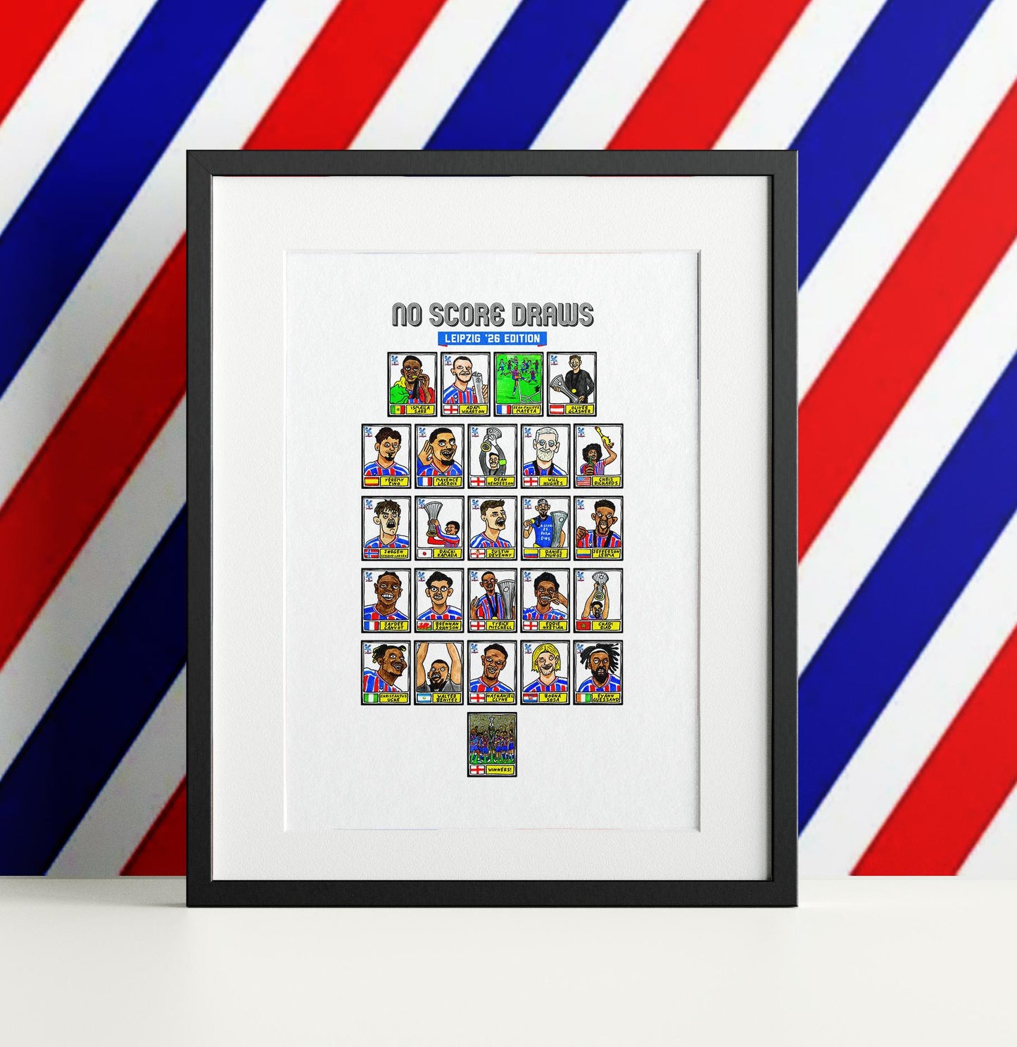 Crystal Palace Conference League CHAMPIONS - No Score Draws Leipzig '26 Edition - A3 print of 25 hand-drawn Panini-doodles of CPFC 25/26