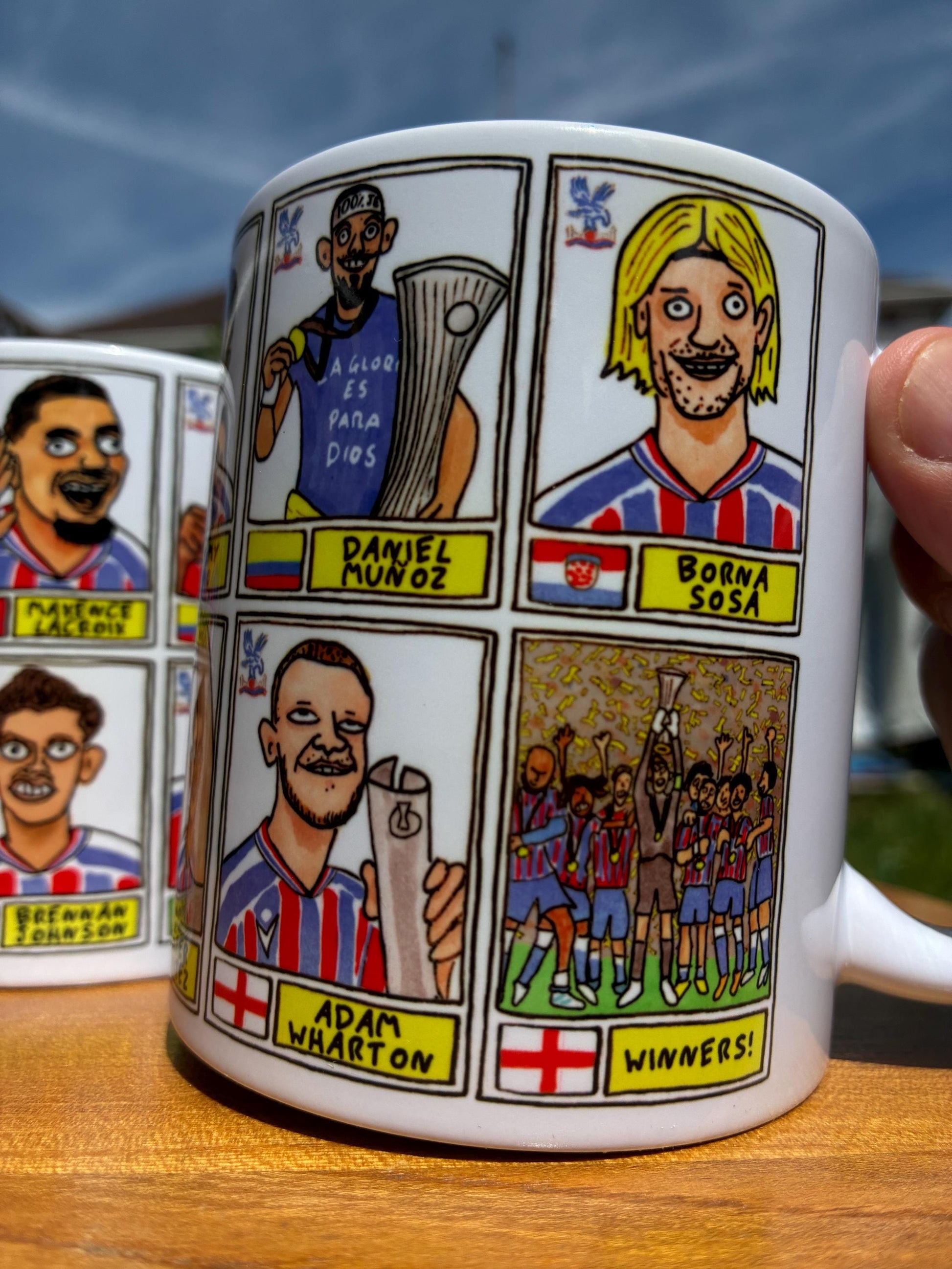 Crystal Palace Conference League CHAMPIONS No Score Draws Mug Set - Set of 2 DIFFERENT 11oz Mugs with 24 Panini-doodles of CPFCs 25/26 Squad