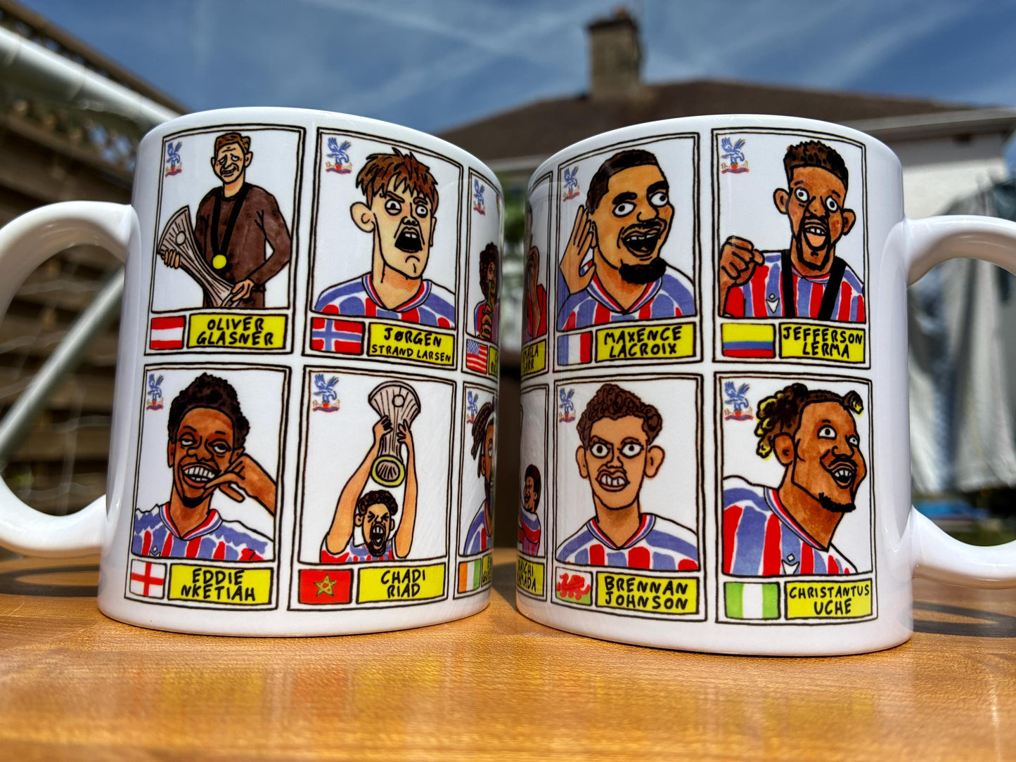 Crystal Palace Conference League CHAMPIONS No Score Draws Mug Set - Set of 2 DIFFERENT 11oz Mugs with 24 Panini-doodles of CPFCs 25/26 Squad