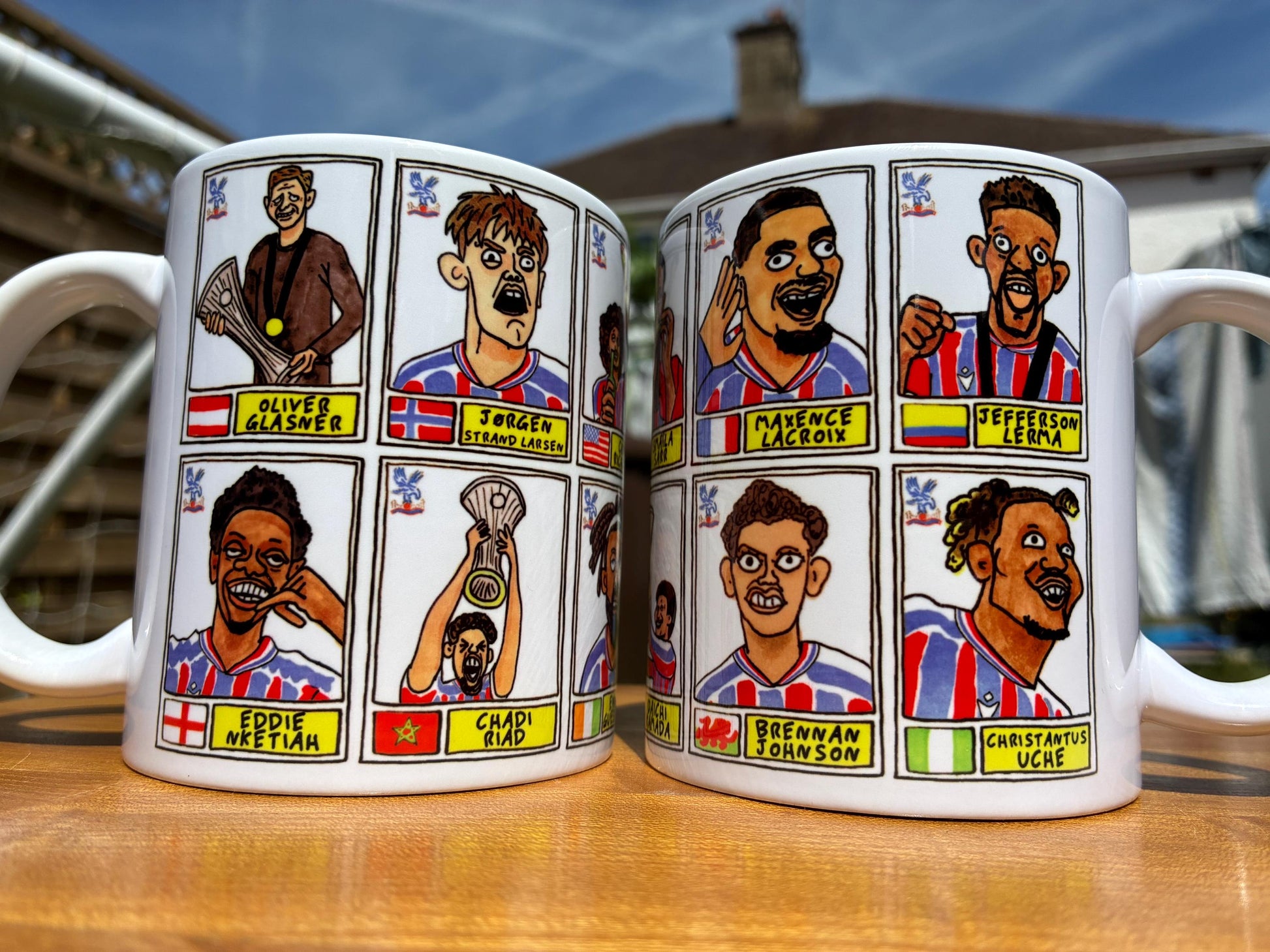 Crystal Palace Conference League CHAMPIONS No Score Draws Mug Set - Set of 2 DIFFERENT 11oz Mugs with 24 Panini-doodles of CPFCs 25/26 Squad