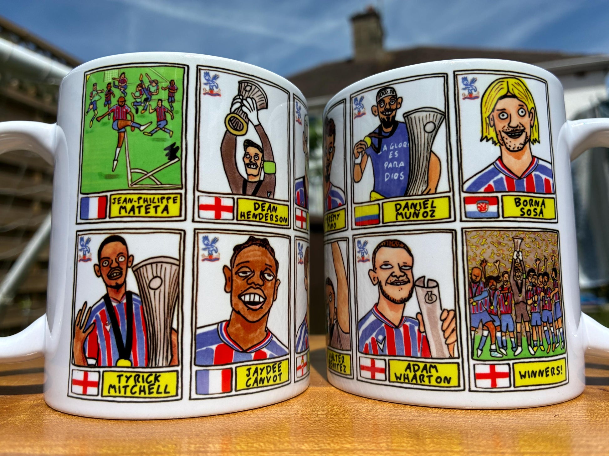 Crystal Palace Conference League CHAMPIONS No Score Draws Mug Set - Set of 2 DIFFERENT 11oz Mugs with 24 Panini-doodles of CPFCs 25/26 Squad