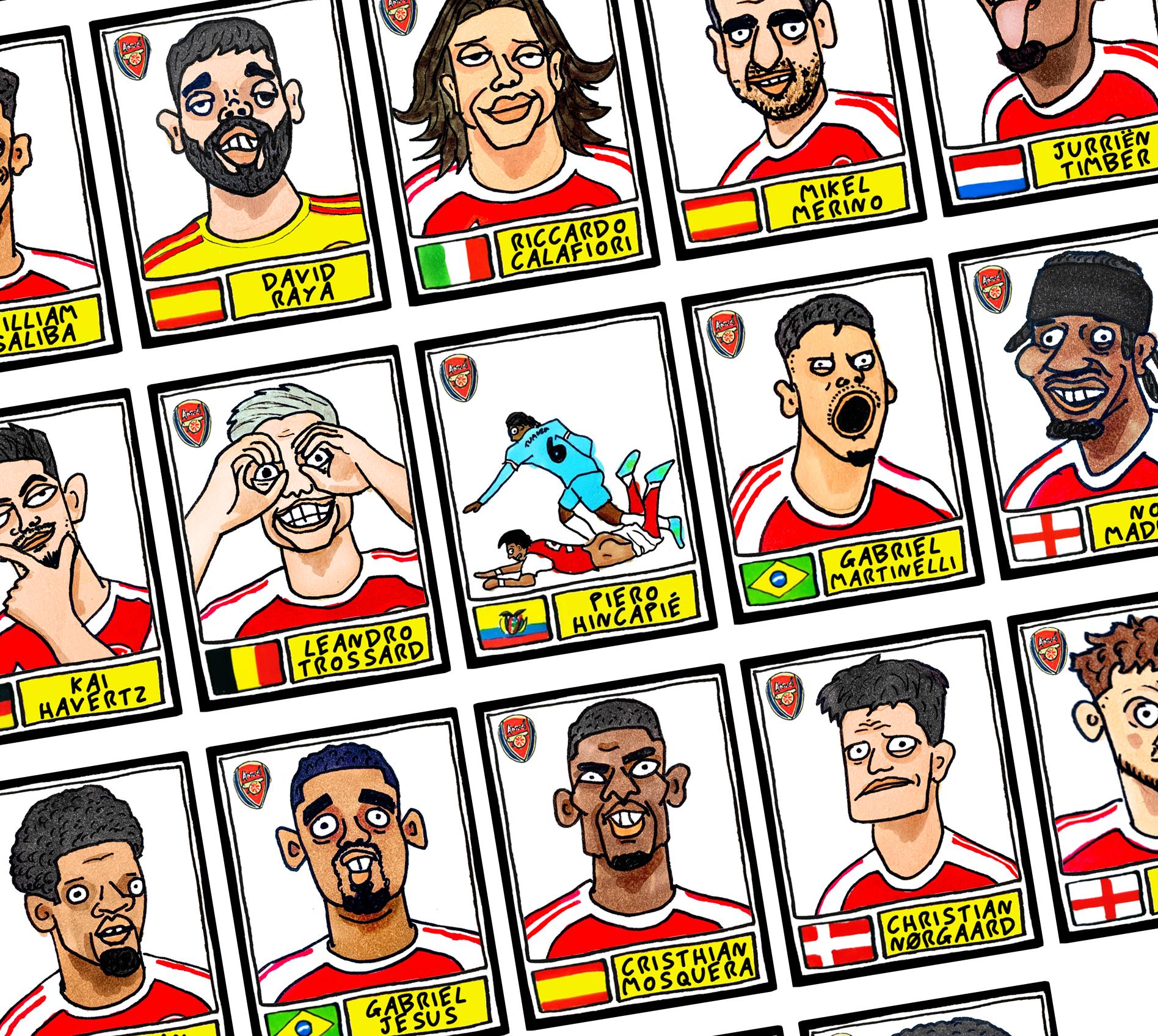Arsenal Vol 5 - No Score Draws Gunners 25/26 Edition - A3 print of 26 hand-drawn Panini-style wonky doodles of Arteta's Arsenal 25/26 Team