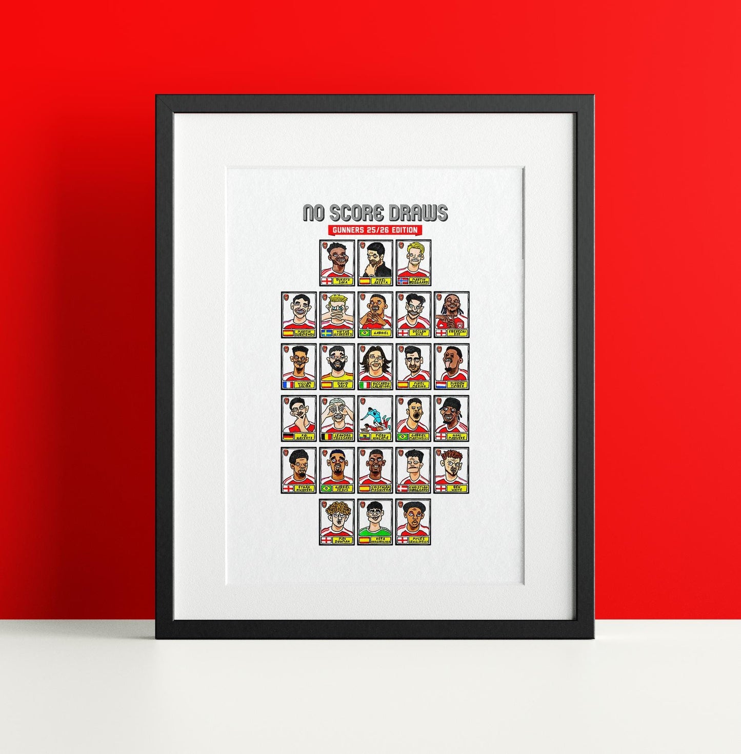 Arsenal Vol 5 - No Score Draws Gunners 25/26 Edition - A3 print of 26 hand-drawn Panini-style wonky doodles of Arteta's Arsenal 25/26 Team