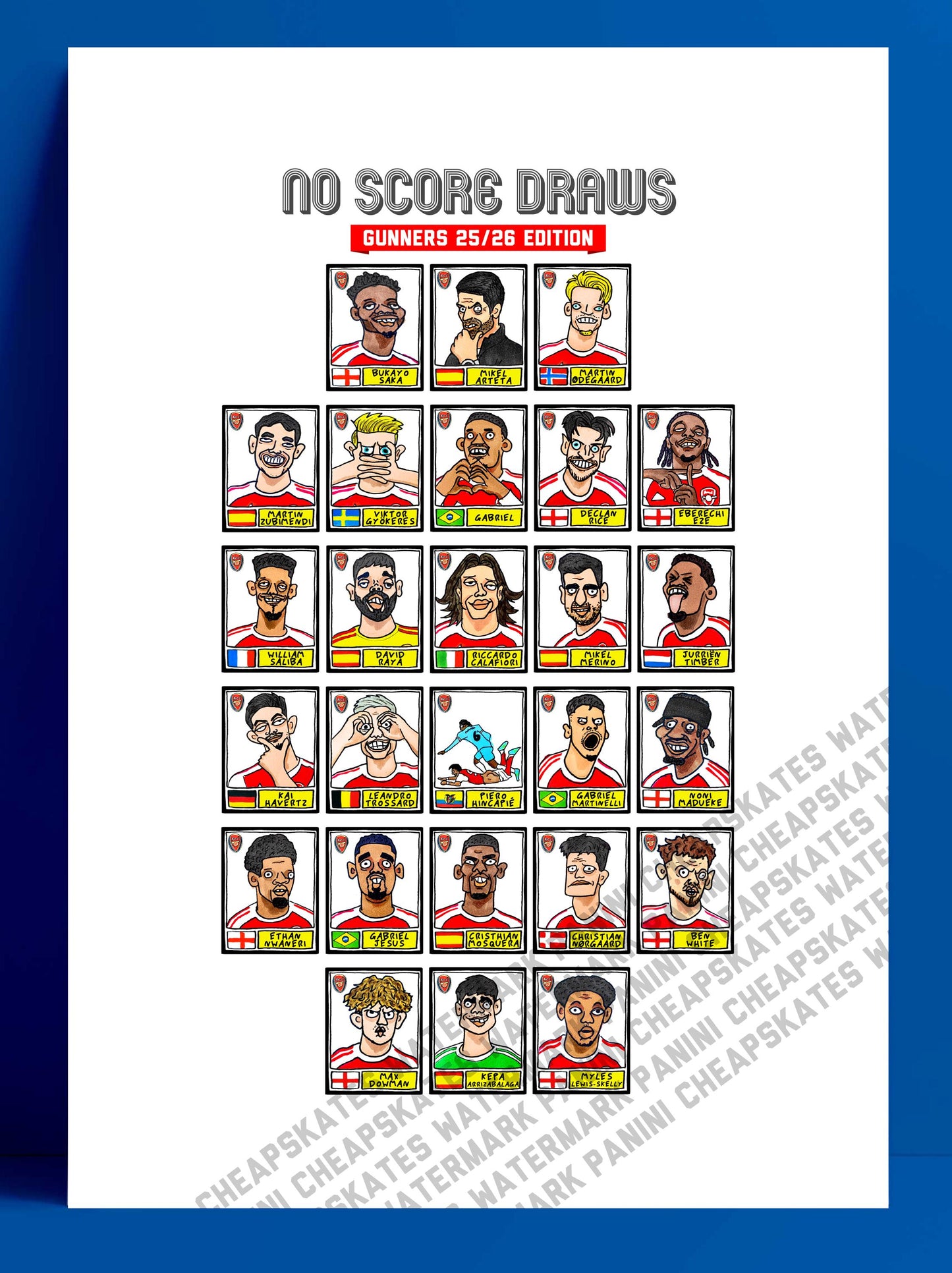 Arsenal Vol 5 - No Score Draws Gunners 25/26 Edition - A3 print of 26 hand-drawn Panini-style wonky doodles of Arteta's Arsenal 25/26 Team