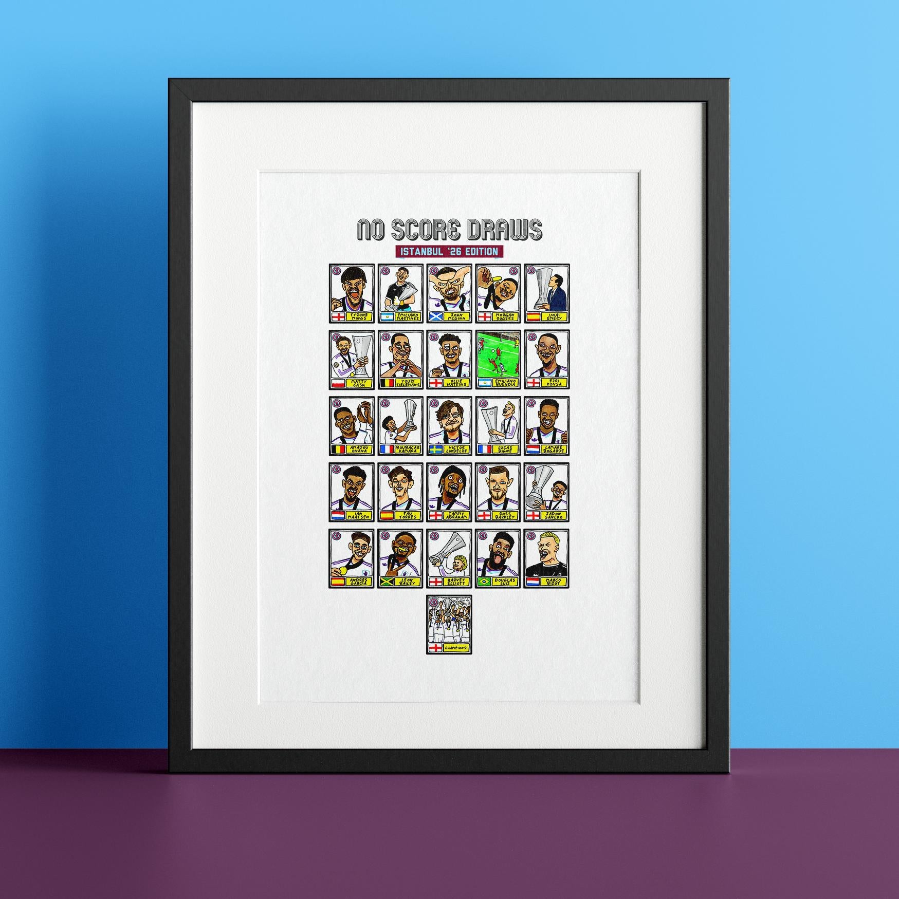 Aston Villa Europa League CHAMPIONS - No Score Draws Istanbul '26 Edition - A3 print of 26 hand-drawn wonky Panini-doodles of AVFC 25/26