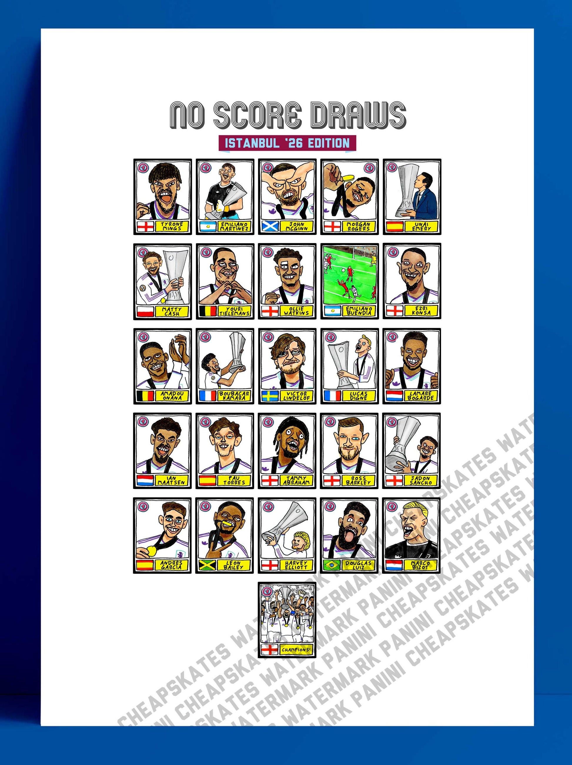 Aston Villa Europa League CHAMPIONS - No Score Draws Istanbul '26 Edition - A3 print of 26 hand-drawn wonky Panini-doodles of AVFC 25/26