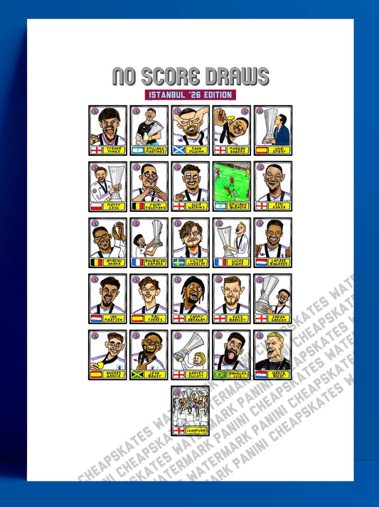 Aston Villa Europa League CHAMPIONS - No Score Draws Istanbul '26 Edition - A3 print of 26 hand-drawn wonky Panini-doodles of AVFC 25/26