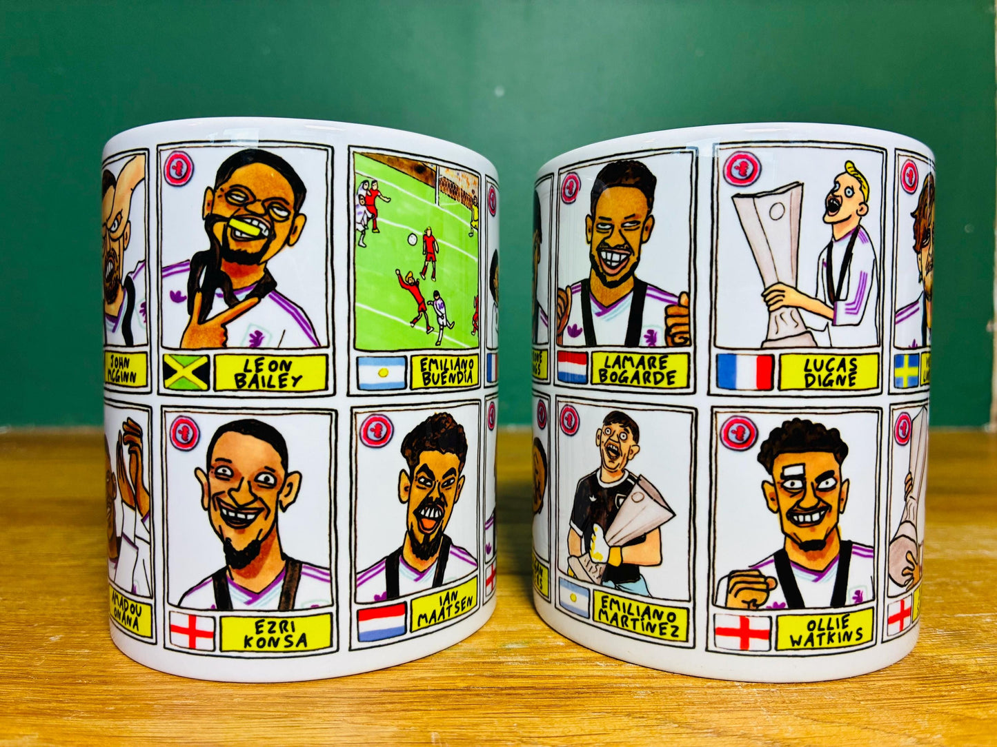 Aston Villa Europa League CHAMPIONS No Score Draws Mug Set - Set of 2 DIFFERENT 11oz Mugs with Wonky Panini-doodles of AVFC's 25/26 Squad