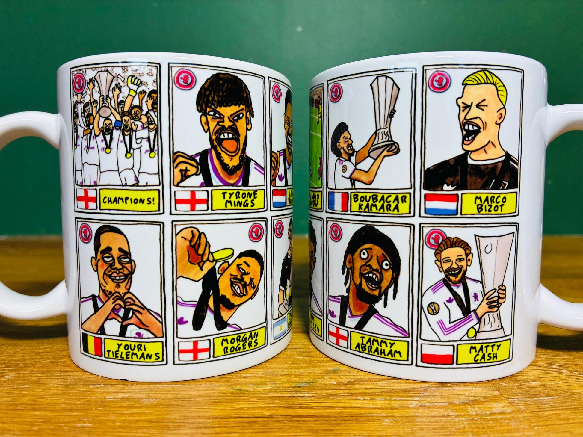 Aston Villa Europa League CHAMPIONS No Score Draws Mug Set - Set of 2 DIFFERENT 11oz Mugs with Wonky Panini-doodles of AVFC's 25/26 Squad