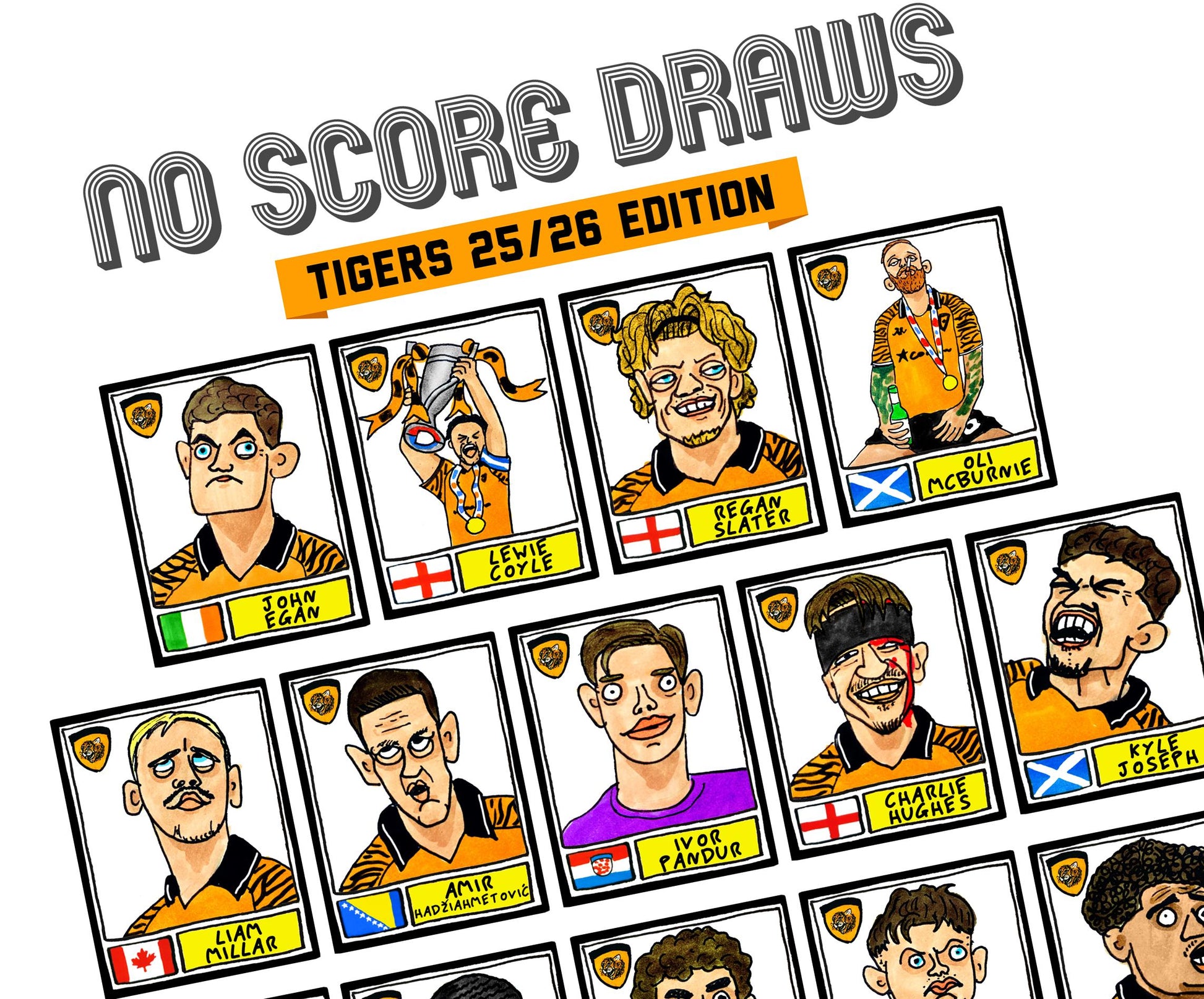 Hull City Vol 3 - No Score Draws Tigers 25/26 Edition - A3 print of 25 Wonky Panini-style football doodles of HCAFC's Promotion-Winning Side