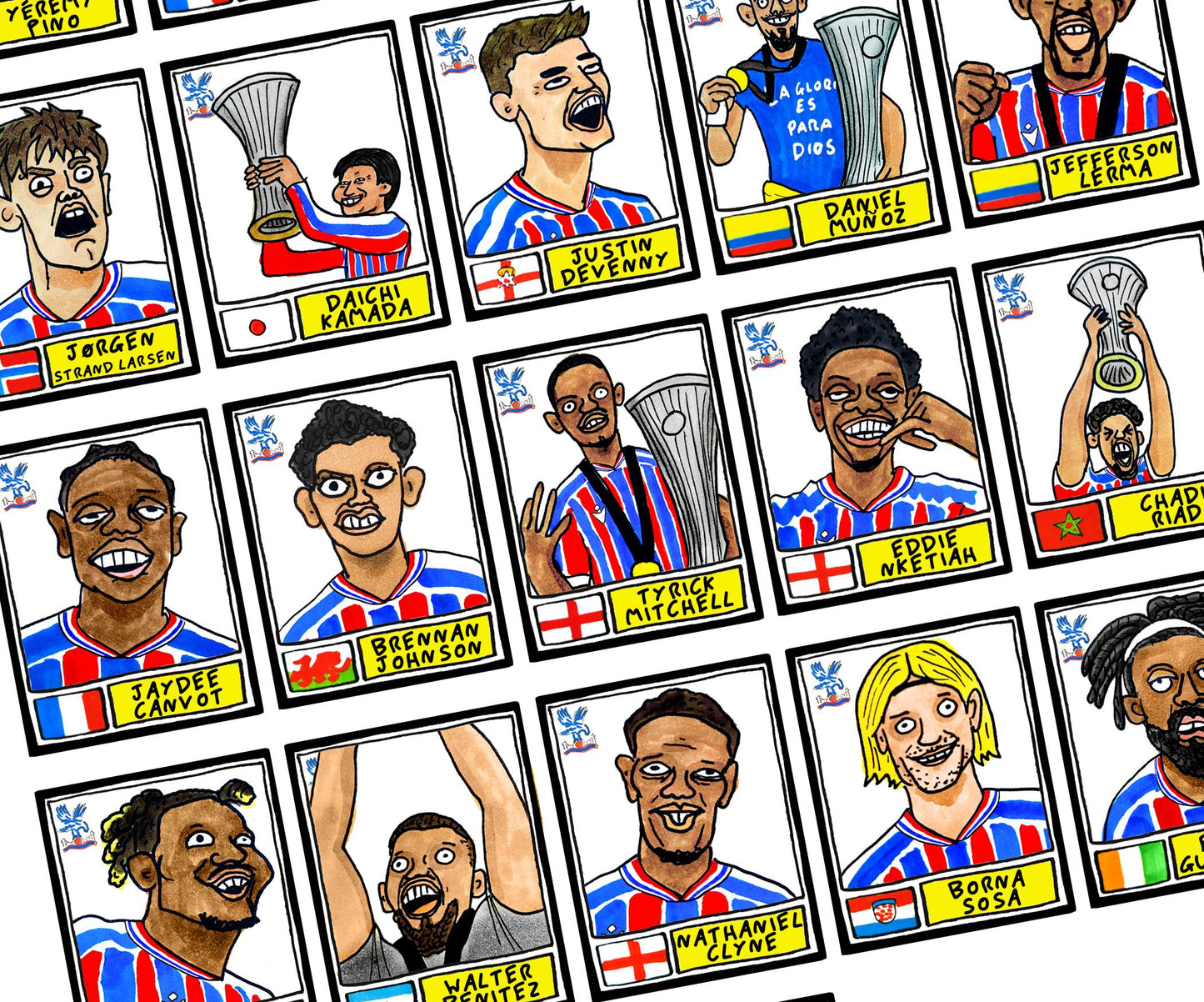 Crystal Palace Conference League CHAMPIONS - No Score Draws Leipzig '26 Edition - A3 print of 25 hand-drawn Panini-doodles of CPFC 25/26