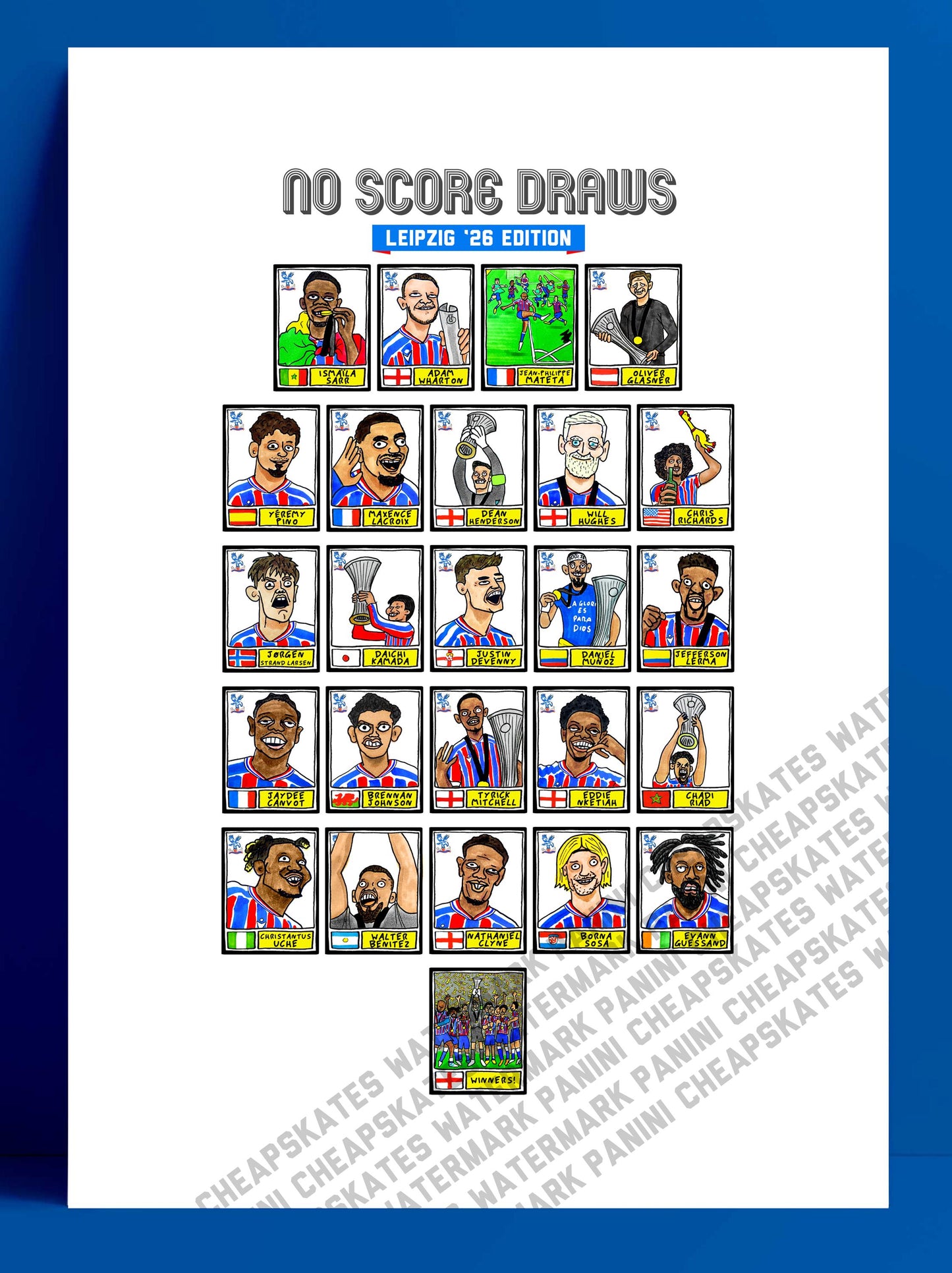 Crystal Palace Conference League CHAMPIONS - No Score Draws Leipzig '26 Edition - A3 print of 25 hand-drawn Panini-doodles of CPFC 25/26