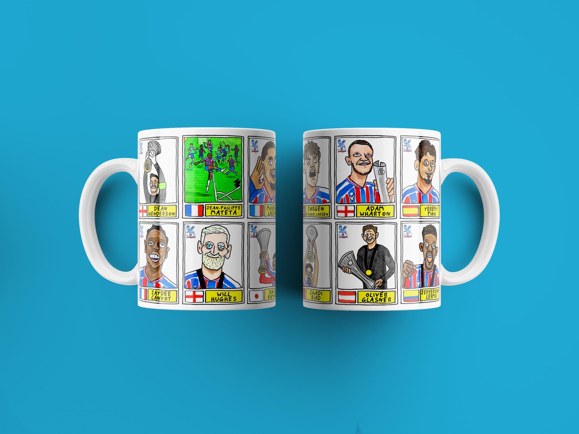 Crystal Palace Conference League CHAMPIONS No Score Draws Mug Set - Set of 2 DIFFERENT 11oz Mugs with 24 Panini-doodles of CPFCs 25/26 Squad