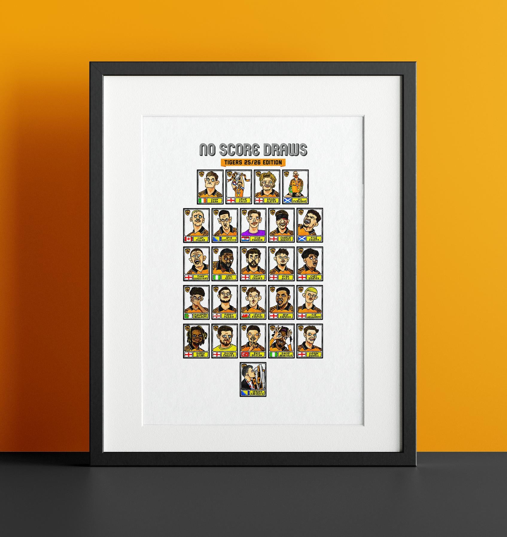 Hull City Vol 3 - No Score Draws Tigers 25/26 Edition - A3 print of 25 Wonky Panini-style football doodles of HCAFC's Promotion-Winning Side