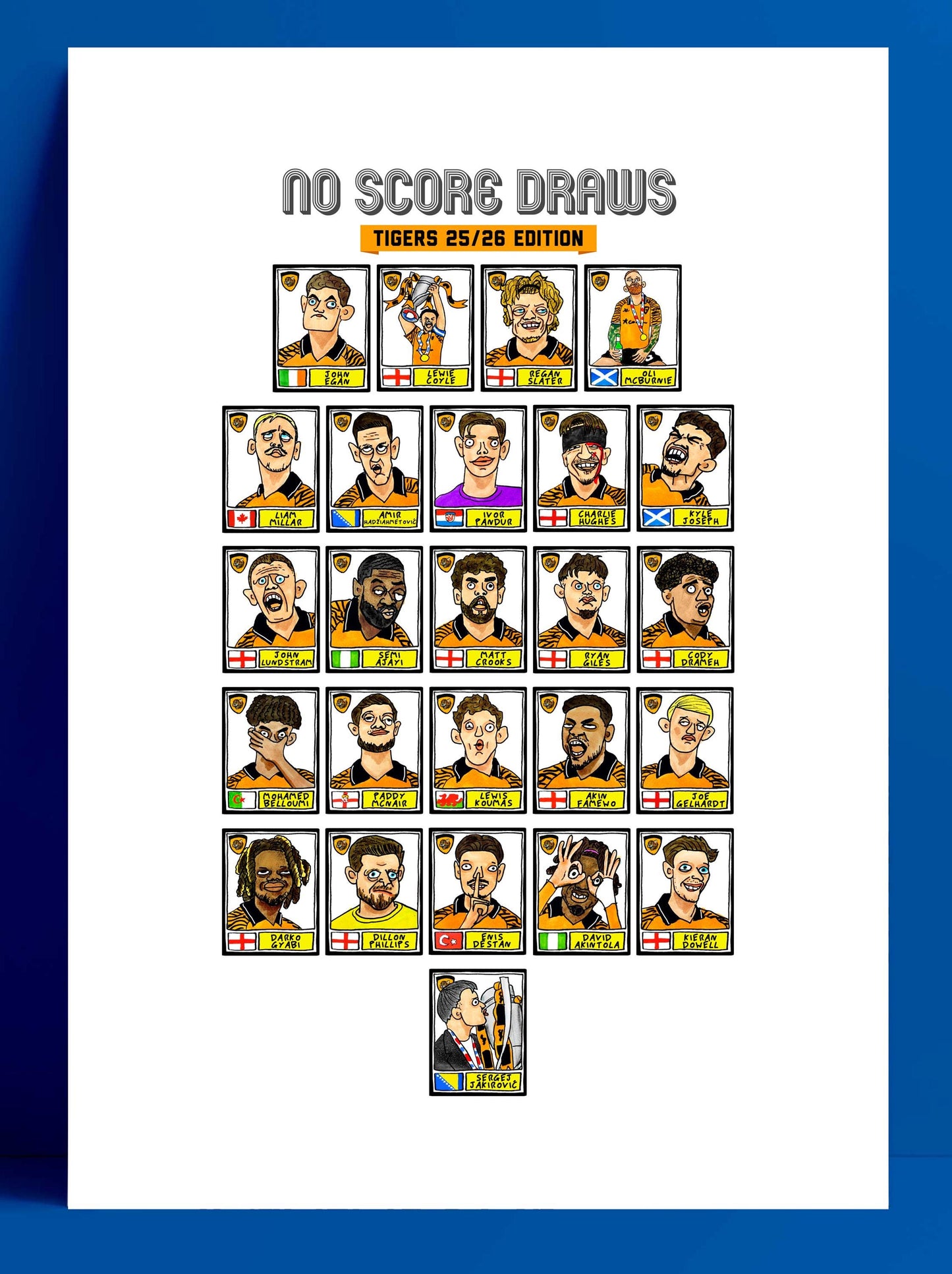 Hull City Vol 3 - No Score Draws Tigers 25/26 Edition - A3 print of 25 Wonky Panini-style football doodles of HCAFC's Promotion-Winning Side