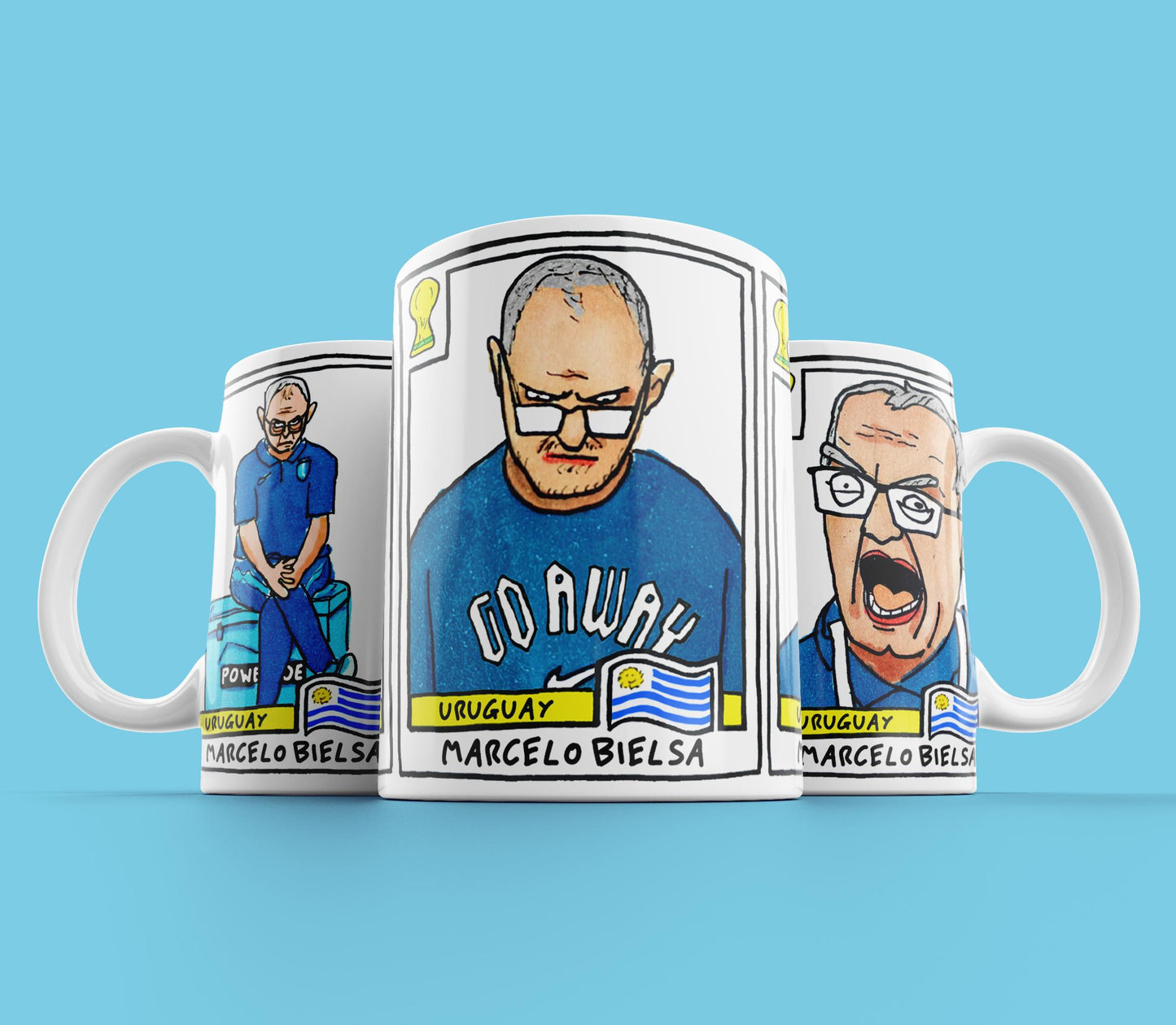 Bielsa 2026 Uruguay Triptych No Score Draws Mug - 11oz Ceramic El Loco Mug With 3 Wonky NSD World Cup 2026 Football Drawings