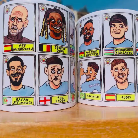 Man City 25/26 - No Score Draws Mug Set - Set of TWO DIFFERENT 11oz Ceramic Mugs with 24 Wonky MCFC Doodles Of Manchester City's 25/26 Squad