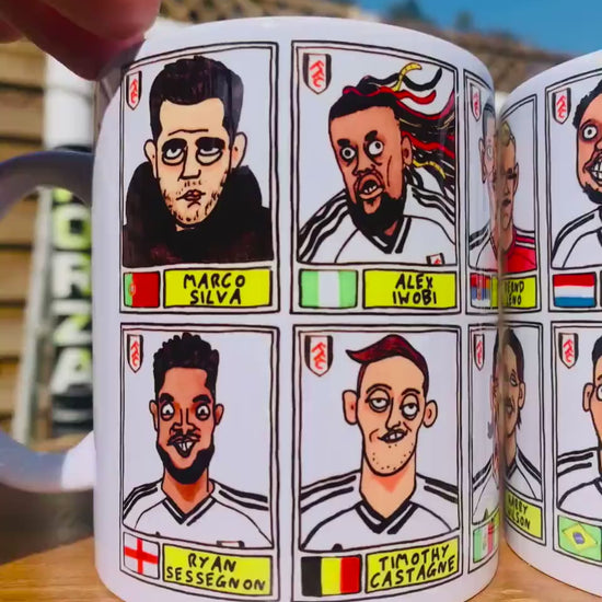 Fulham 25/26 No Score Draws Mug Set - Set of TWO DIFFERENT 11oz Mugs with Wonky Panini-Doodles of Marco Silva's 25/26 Cottagers EPL Squad