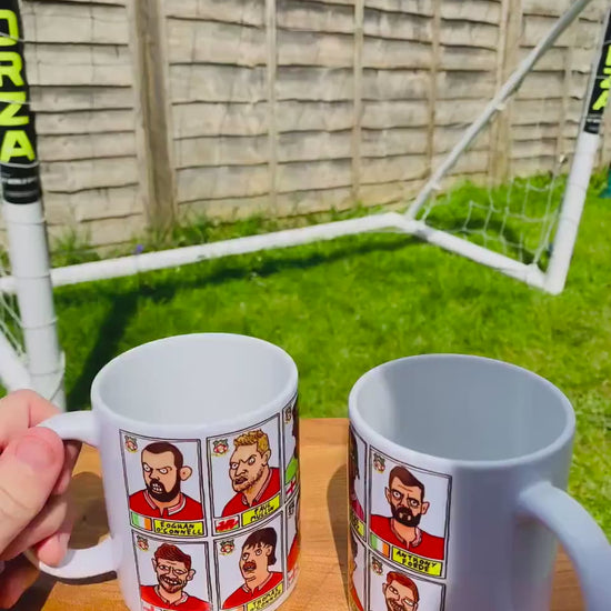 Wrexham Vol 3 No Score Draws Mug Set - Set of TWO 11oz Ceramic Mugs with Wonky Panini-style Doodles of Wrexham's 23/24 Promotion Winners