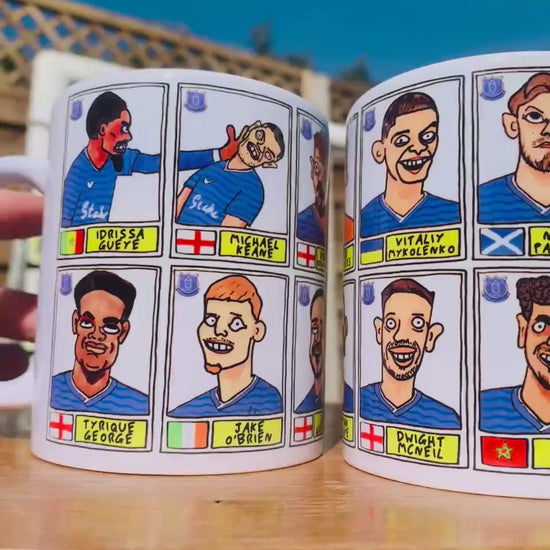 Everton 25/26 No Score Draws Mug Set - Set of TWO DIFFERENT 11oz Mugs with Wonky Panini-Doodles of David Moyes' 25/26 Toffees Everton Squad