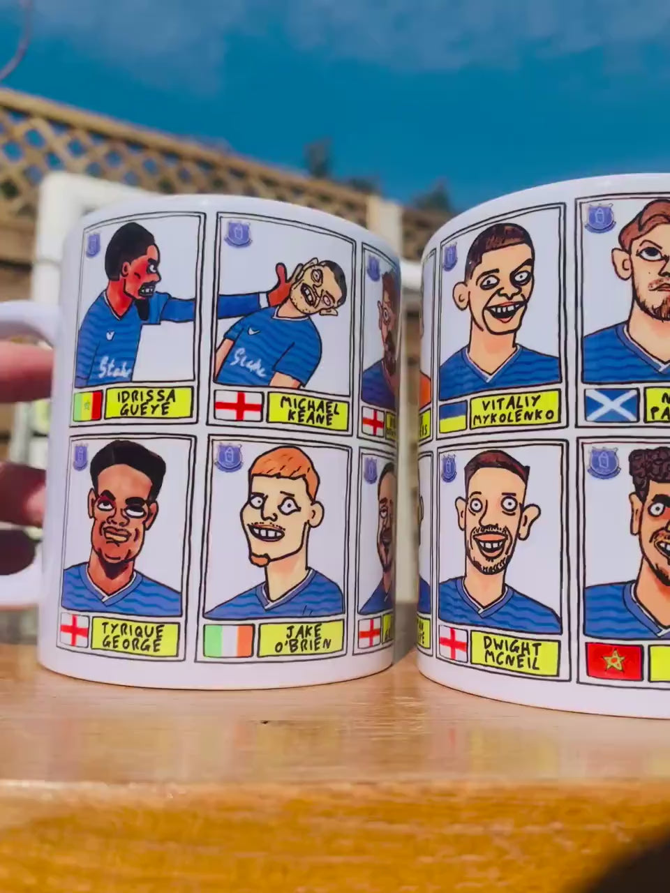 Everton 25/26 No Score Draws Mug Set - Set of TWO DIFFERENT 11oz Mugs with Wonky Panini-Doodles of David Moyes' 25/26 Toffees Everton Squad