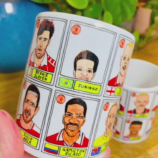 Middlesbrough No Score Draws Mug Set - Set of TWO 11oz Ceramic Mugs with Wonky Panini sticker-style No Score Draws Doodles of 24 Boro Icons