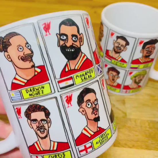 Liverpool Vol 6 24-25 No Score Draws Mug Set - Set of TWO DIFFERENT 11oz Ceramic Mugs with 24 Wonky Panini sticker-style LFC FootballDoodles