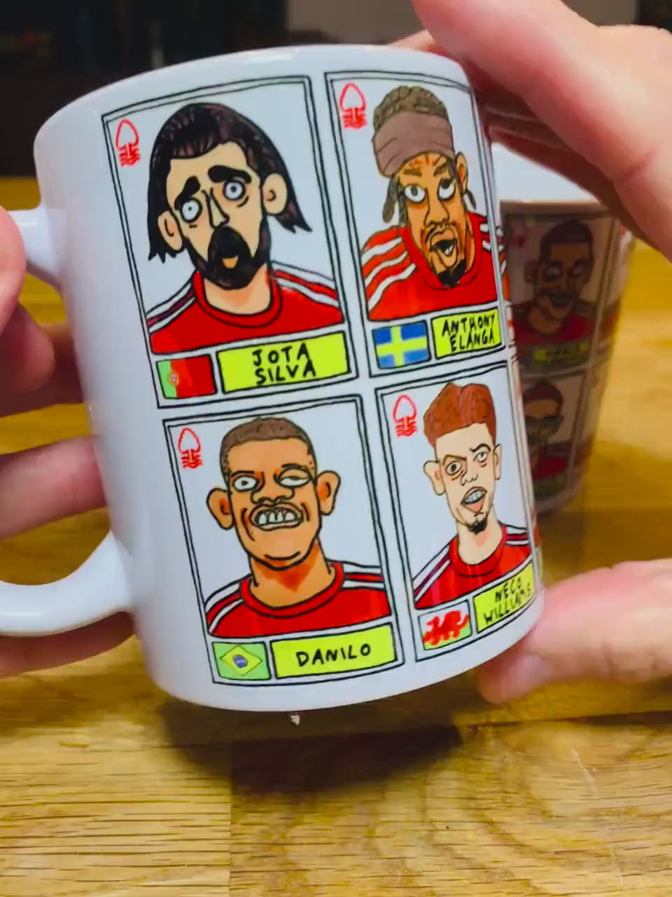 Nottingham Forest Vol 5 No Score Draws Mug Set - Set of TWO DIFFERENT 11oz Mugs with Wonky Panini-Doodles of NFFC's 24/25 Nunoball Squad