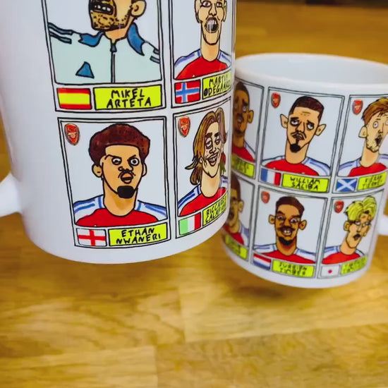 Arsenal Vol 4 No Score Draws Mug Set - Set of TWO DIFFERENT 11oz Mugs with Wonky Panini-doodles of AFC's 24/25 Premier League Squad Gunners