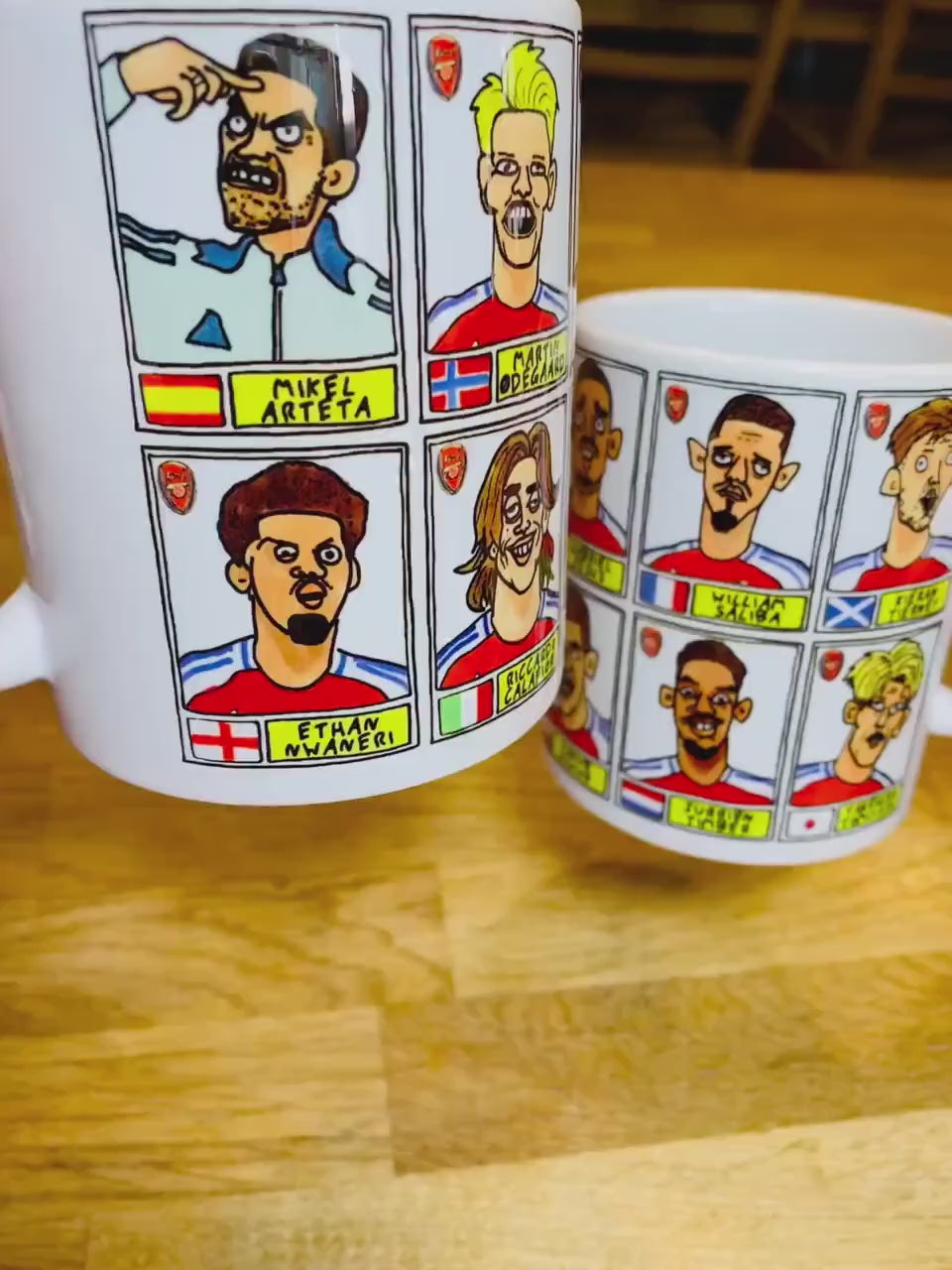 Arsenal Vol 4 No Score Draws Mug Set - Set of TWO DIFFERENT 11oz Mugs with Wonky Panini-doodles of AFC's 24/25 Premier League Squad Gunners