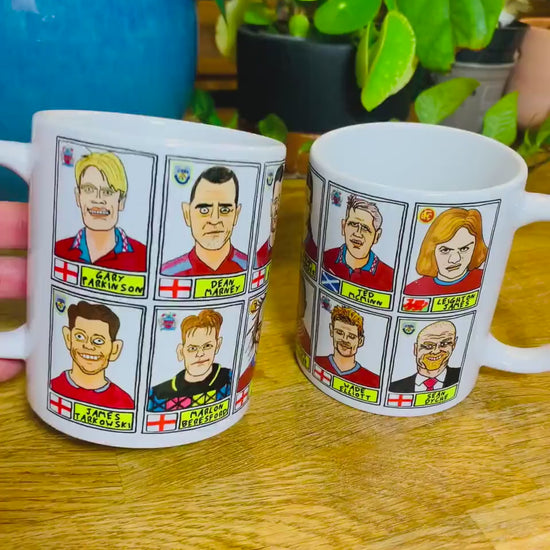 Burnley No Score Draws Mug Set - Set of TWO 11oz Ceramic Mugs with Wonky Panini sticker-style Clarets No Score Draws Doodles