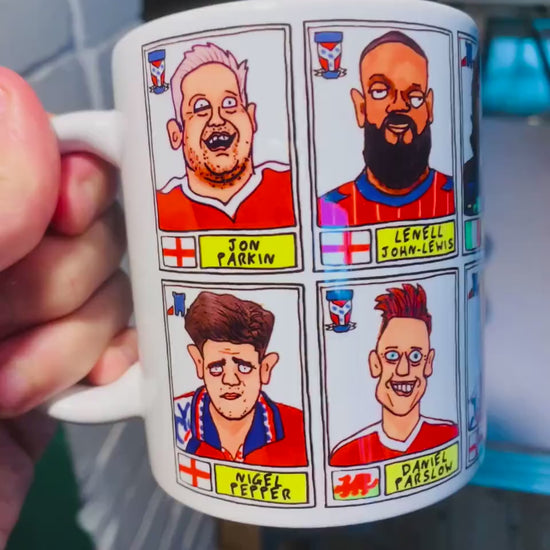 York City No Score Draws Mug Set - Set of TWO DIFFERENT 11oz Ceramic Mugs with Wonky Panini-style No Score Draws Doodles Of 24 YCFC Legends