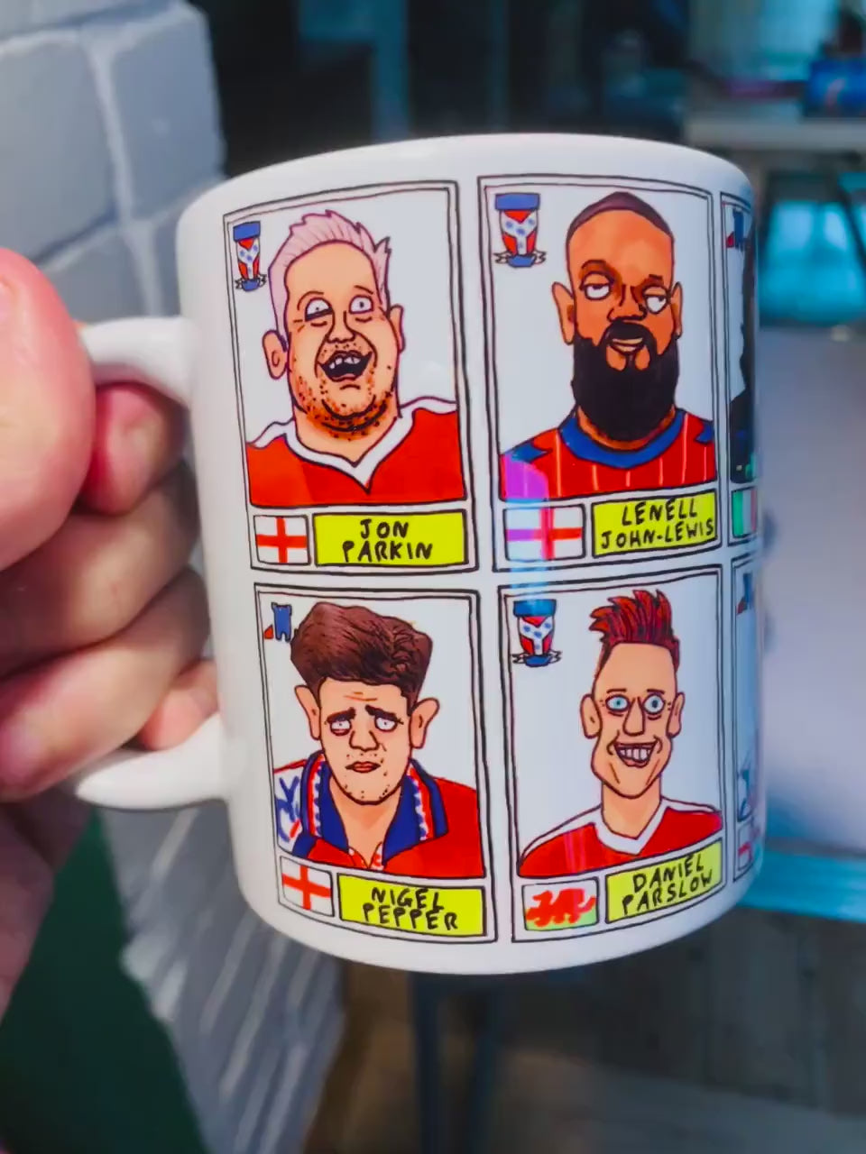 York City No Score Draws Mug Set - Set of TWO DIFFERENT 11oz Ceramic Mugs with Wonky Panini-style No Score Draws Doodles Of 24 YCFC Legends