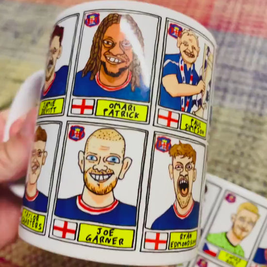 Carlisle United No Score Draws Mug Set - Set of TWO 11oz Ceramic Mugs with 24 Wonky Panini sticker-style CUFC 22-23 Playoff-Winners Doodles