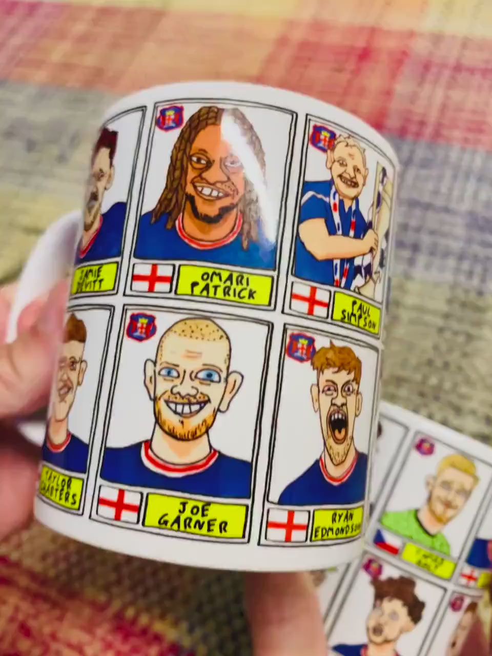 Carlisle United No Score Draws Mug Set - Set of TWO 11oz Ceramic Mugs with 24 Wonky Panini sticker-style CUFC 22-23 Playoff-Winners Doodles