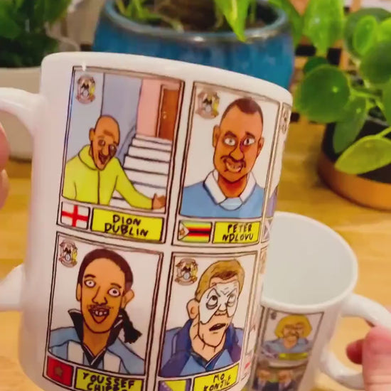 Coventry City No Score Draws Mug Set - Set of TWO 11oz Mugs with Wonky Panini-style No Score Draws Doodles of 24 CCFC icons - NEW for 2024!