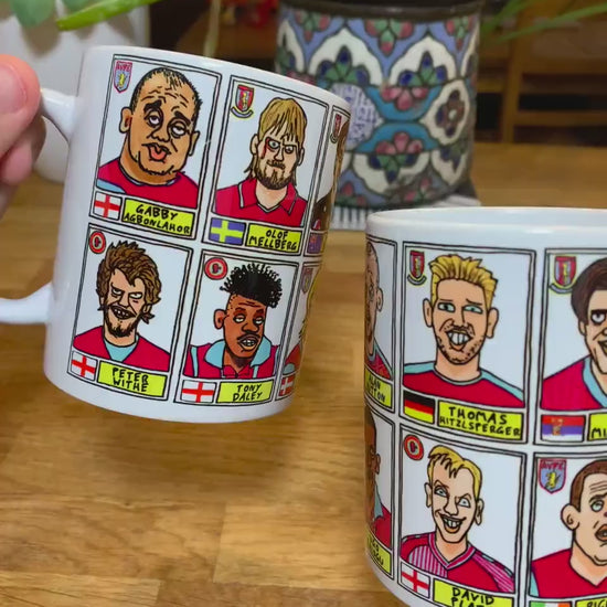 Aston Villa No Score Draws Mug Set - Set of TWO DIFFERENT 11oz Ceramic Mugs with Wonky Panini-style AVFC Villains No Score Draws Doodles