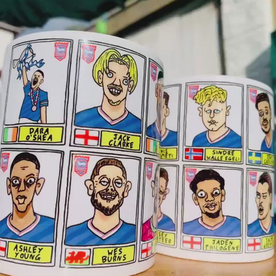 Ipswich Town Vol 4 - Town Going Up No Score Draws Mug Set - Set of TWO DIFFERENT 11oz Ceramic Mugs with Wonky ITFC 25/26 Promotion Doodles
