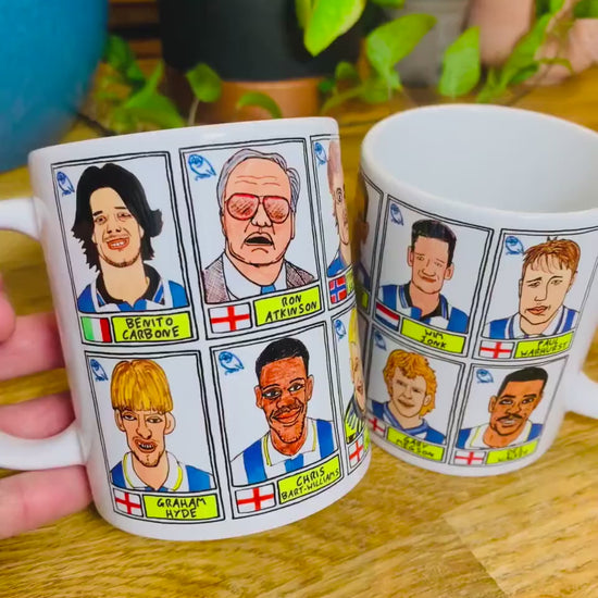 Sheffield Wednesday - Set of TWO 11oz Ceramic Mugs with Wonky Panini sticker-style No Score Draws Doodles of 24 Owls icons - SWFC