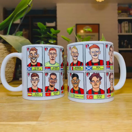 Bournemouth 25/26 - No Score Draws Mug Set - Set of TWO DIFFERENT 11oz Ceramic Mugs with Wonky Panini-style AFCB Cherries Doodles