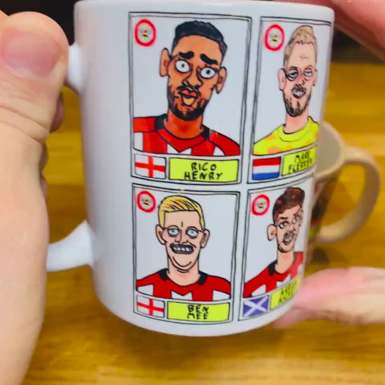 Brentford Vol 3 No Score Draws Mug Set - Set of TWO DIFFERENT 11oz Ceramic Mugs with Wonky Panini-Style Doodles Of Thomas Frank's 24/25 Team