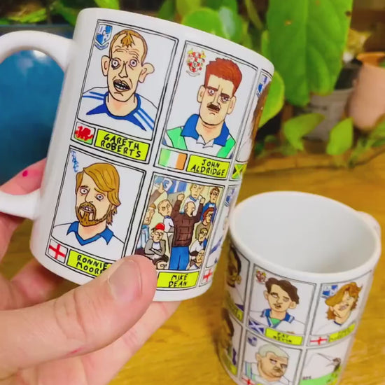 Tranmere Rovers No Score Draws Mug Set - Set of TWO 11oz Ceramic Mugs with Wonky Panini sticker-style doodles of Various TRFC Icons