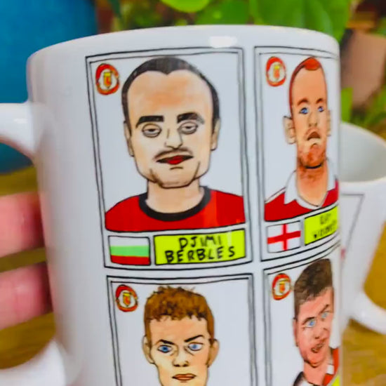 Definitely NOT Man Utd No Score Draws Mug Set - Set of two 11oz Ceramic Mugs with Wonky Panini sticker-style NOT MUFC No Score Draws Doodles