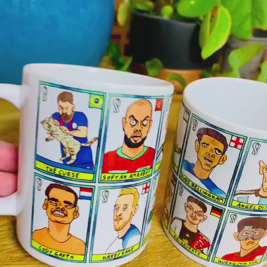 Qatar 2022 No Score Draws Mug Set - Set of TWO 11oz Ceramic Mugs with Wonky Panini sticker-style Doodles Of 24 Qatar 2022 Icons