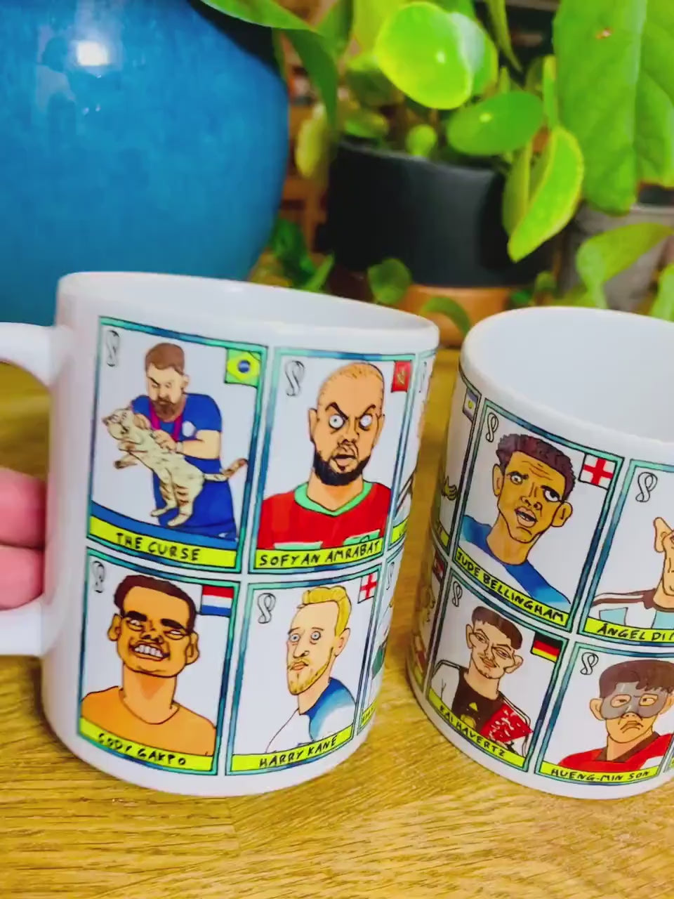 Qatar 2022 No Score Draws Mug Set - Set of TWO 11oz Ceramic Mugs with Wonky Panini sticker-style Doodles Of 24 Qatar 2022 Icons