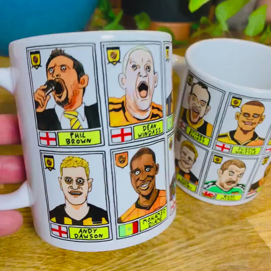 Hull City Vol 1 Mug Set - Set of TWO 11oz Ceramic Mugs with Wonky Panini sticker-style No Score Draws Doodles of 24 badly-drawn Tigers icons