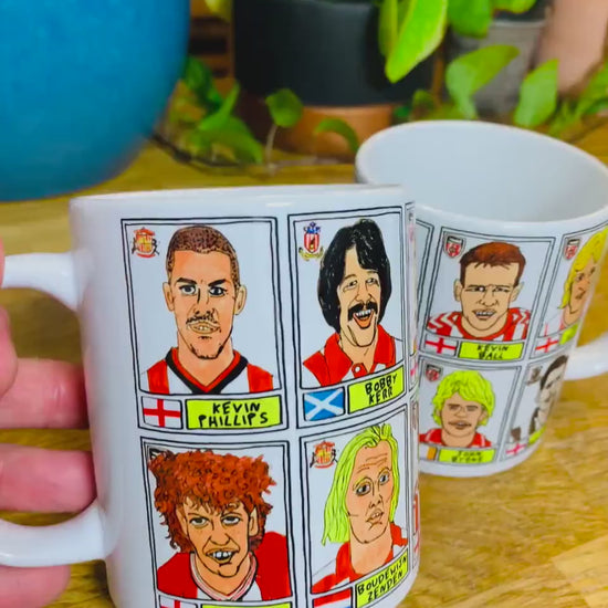 Sunderland No Score Draws Mug Set - Set of TWO 11oz Ceramic Mugs with Wonky Panini sticker-style Black Cats SAFC No Score Draws Doodles