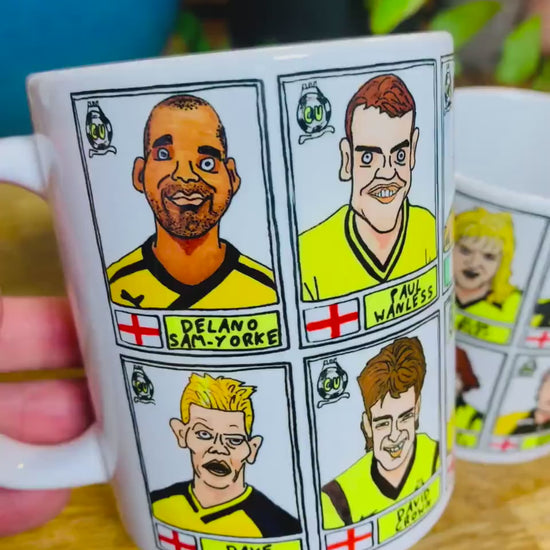 Cambridge United No Score Draws Mug Set - Set of TWO 11oz Ceramic Mugs with Wonky Panini sticker-style CUFC Abbey U's No Score Draws Doodles